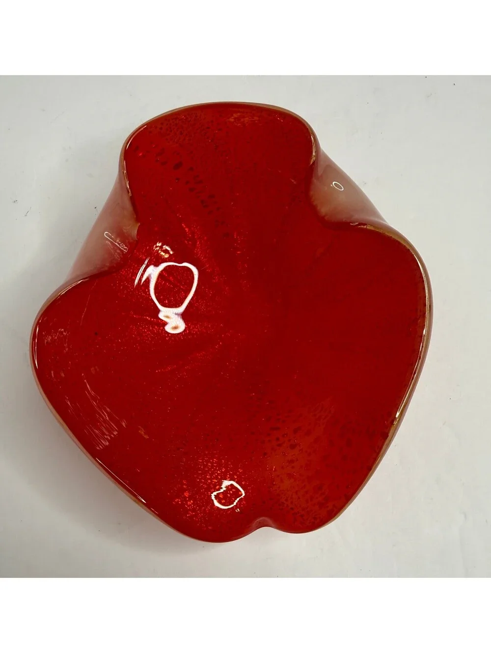Vintage Murano Style Red Pink Art Glass Ashtray Bowl Controlled Bubble